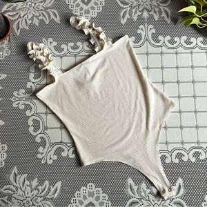 NWT Cream Ribbed Thong Bodysuit with Ruffle Straps